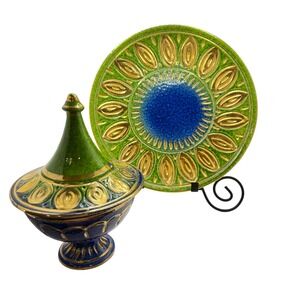 Vintage Hand Painted Ceramic Lidded Jar & Wall Plate Blue Green Gold MCM Decor
